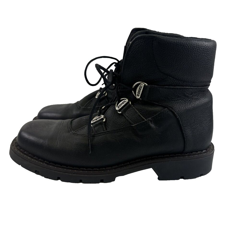 Sorel Sedona Ankle Boot Lace Up Black Pebbled Leather Combat Hiking Womens‎ 11